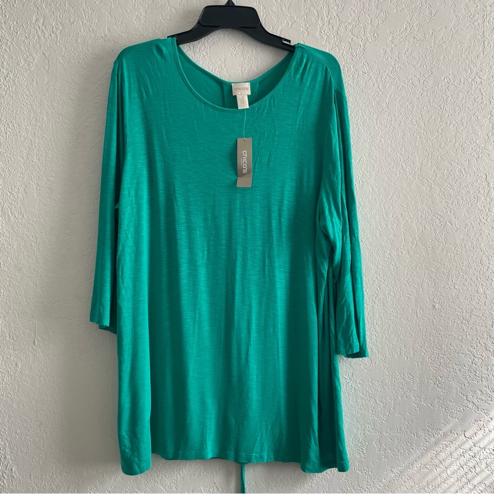 Chicos Womens Blouse Green Long Sleeve Scoop Neck Ladder Back Stretch Rayon XL